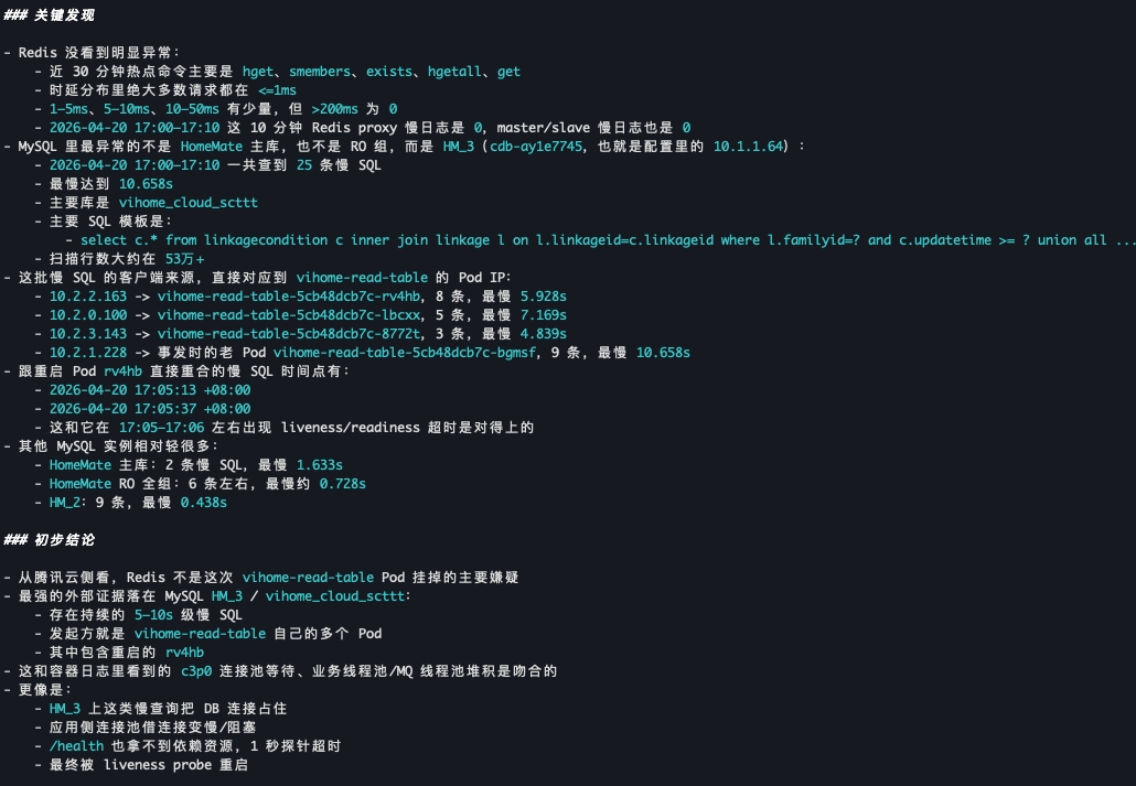 完整的本地排查结论截图，显示 Redis 排除、MySQL 慢查询及 Pod 探针超时的时间重合
